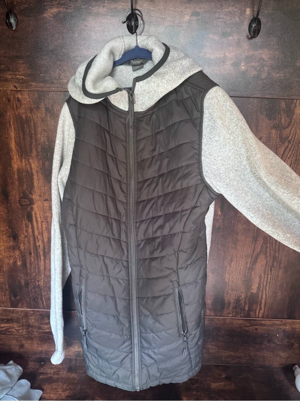 Women’s Quilted Hooded Jacket - Black with Gray Sleeves